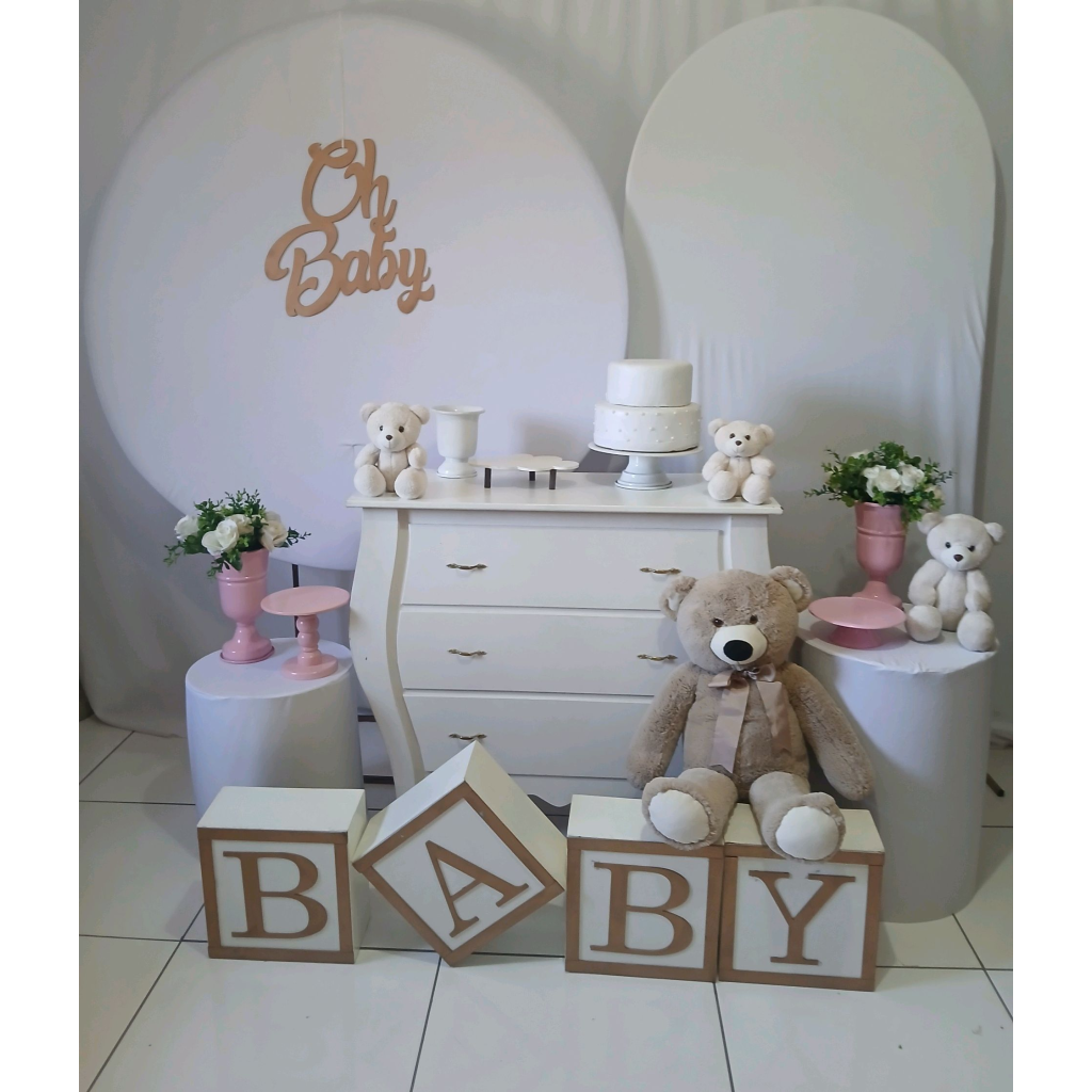 Oh Baby Branco E Rosa Cha de Bebe Menina Composição - Rocha Decorações