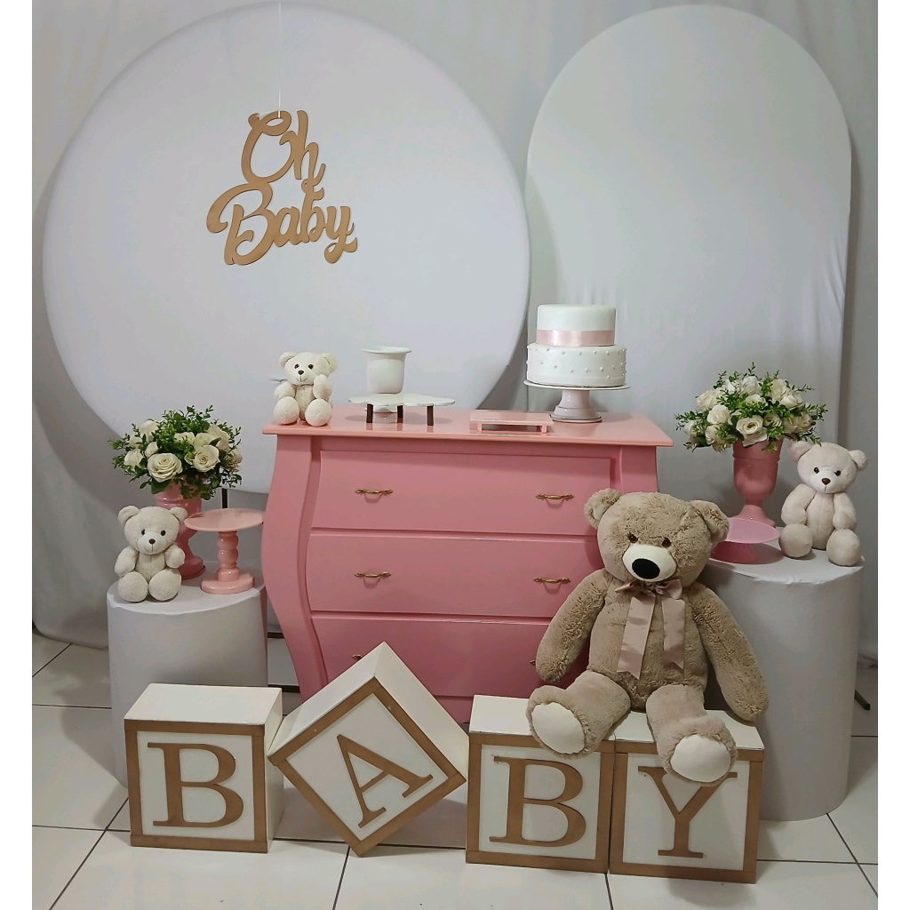 Oh Baby Branco E Rosa Cha de Bebe Composição - Rocha Decorações