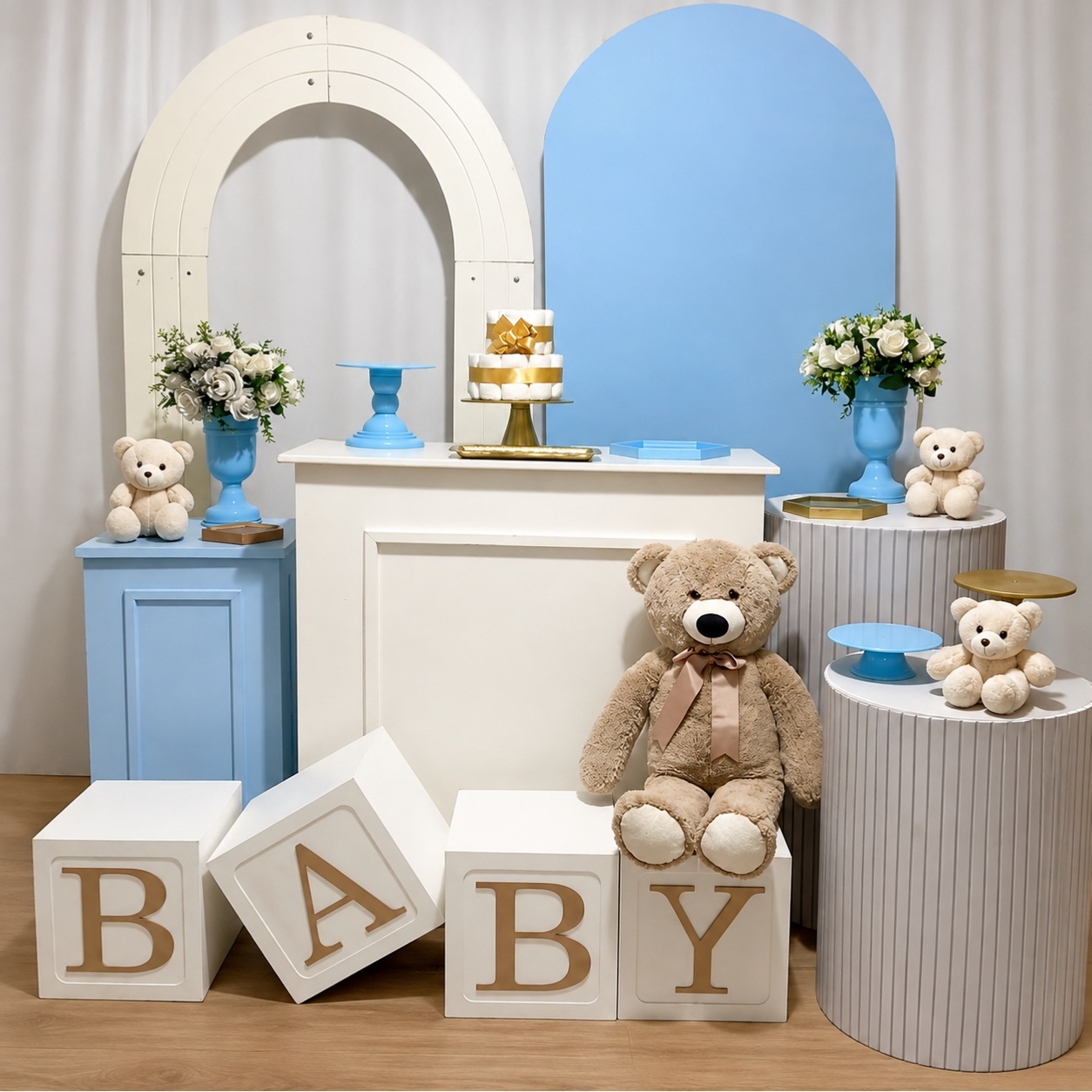 Urso Ii Cha Beba Menino Branco E Azul Composição - Rocha Decorações Pegue e Monte Itatiba