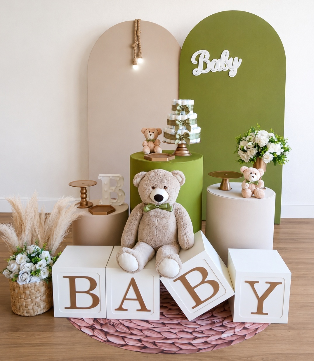 Cha de Bebe Menino Verde E Nude Composição - Rocha Decorações Pegue e Monte Itatiba