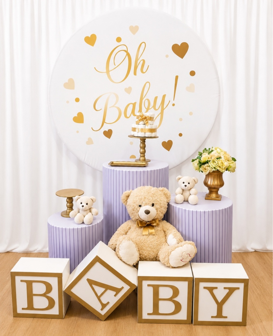 Revelação Cha de Bebê Branco E Dourado Composição K-7502 - Rocha Decorações Pegue e Monte Itatiba