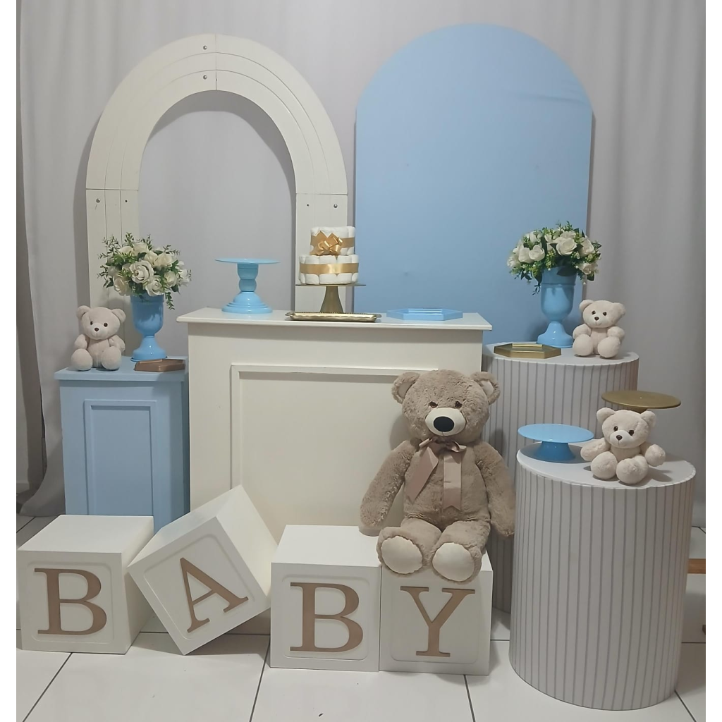 Urso Ii Cha Beba Menino Branco E Azul Composição - Rocha Decorações