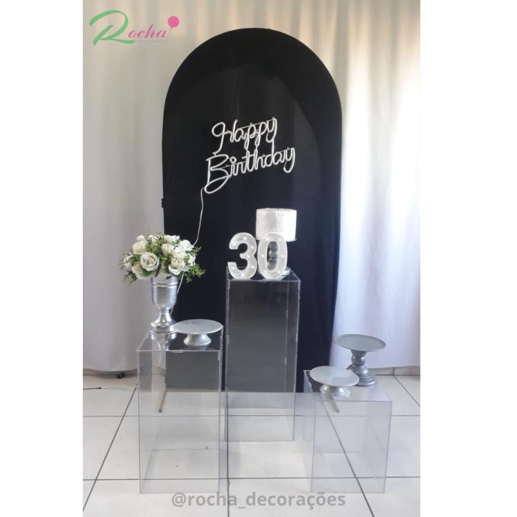 Happy Birthday Prata E Preto Composição - Rocha Decorações