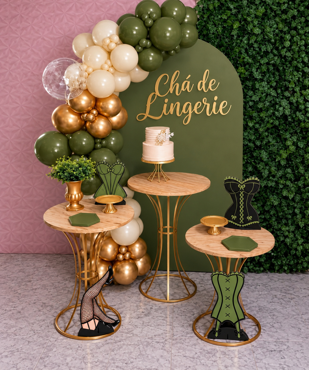 Pegue E Monte Cha Lingerie + Balões Verde Bege E Dourado - Tutu Locação 