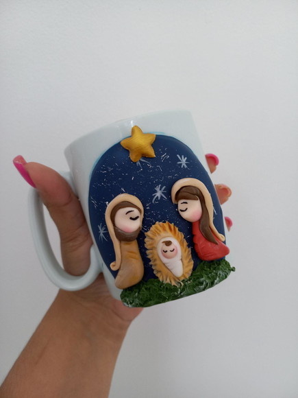 Caneca Com Biscuit Natalina Sagrada Familia Caneca Natal - Cantinho dos sonhos 