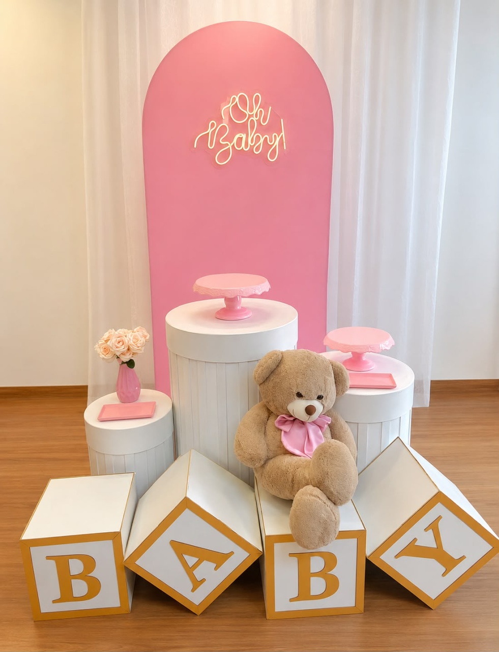 Kit Chá de Bebê Rosa Candy Com Cilindros Ripados 2D - Ateliê Festas