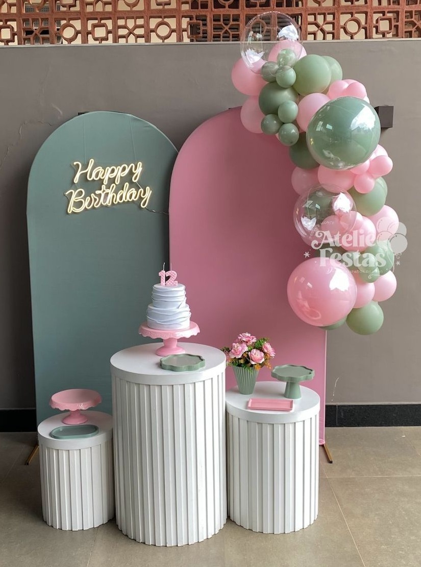Kit Verde Menta E Rosa Candy Com Cilindros Ripados 3D - Ateliê Festas