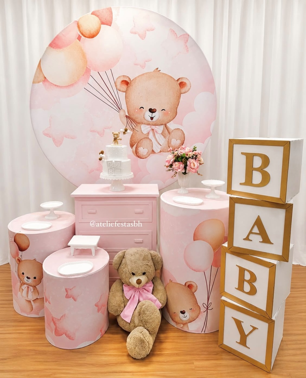 Kit Bronze Chá de Bebê - Ursinha Rosa - Ateliê Festas