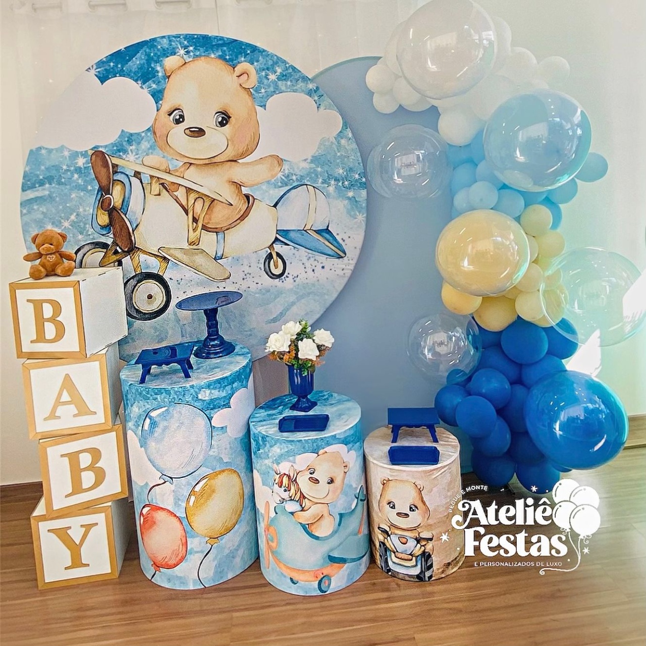 Kit Prata Chá de Bebê Ursinho Aviador - Ateliê Festas