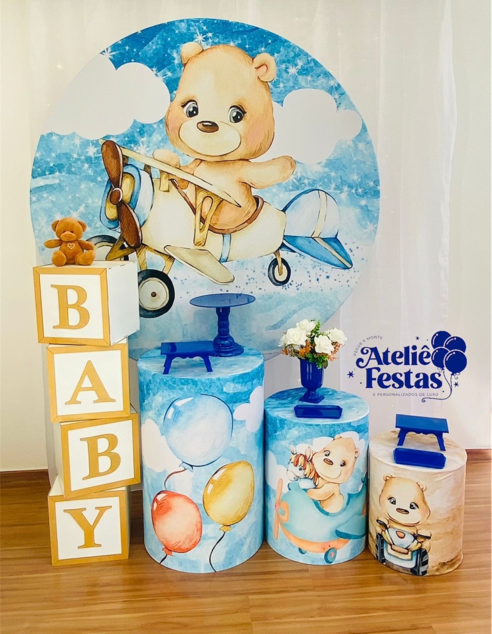 Kit Básico Chá de Bebê Ursinho Aviador - Ateliê Festas
