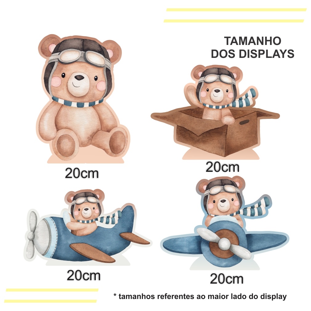 Conjunto de 4 Displays de Mesa Ursinho Aviador - Ateliê Festas