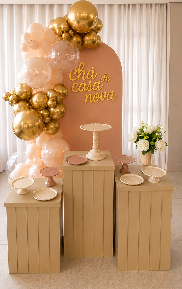 Kit Chá de Casa Nova - Painel Bege Rosado Com Mesas Ripadas - Ateliê Festas