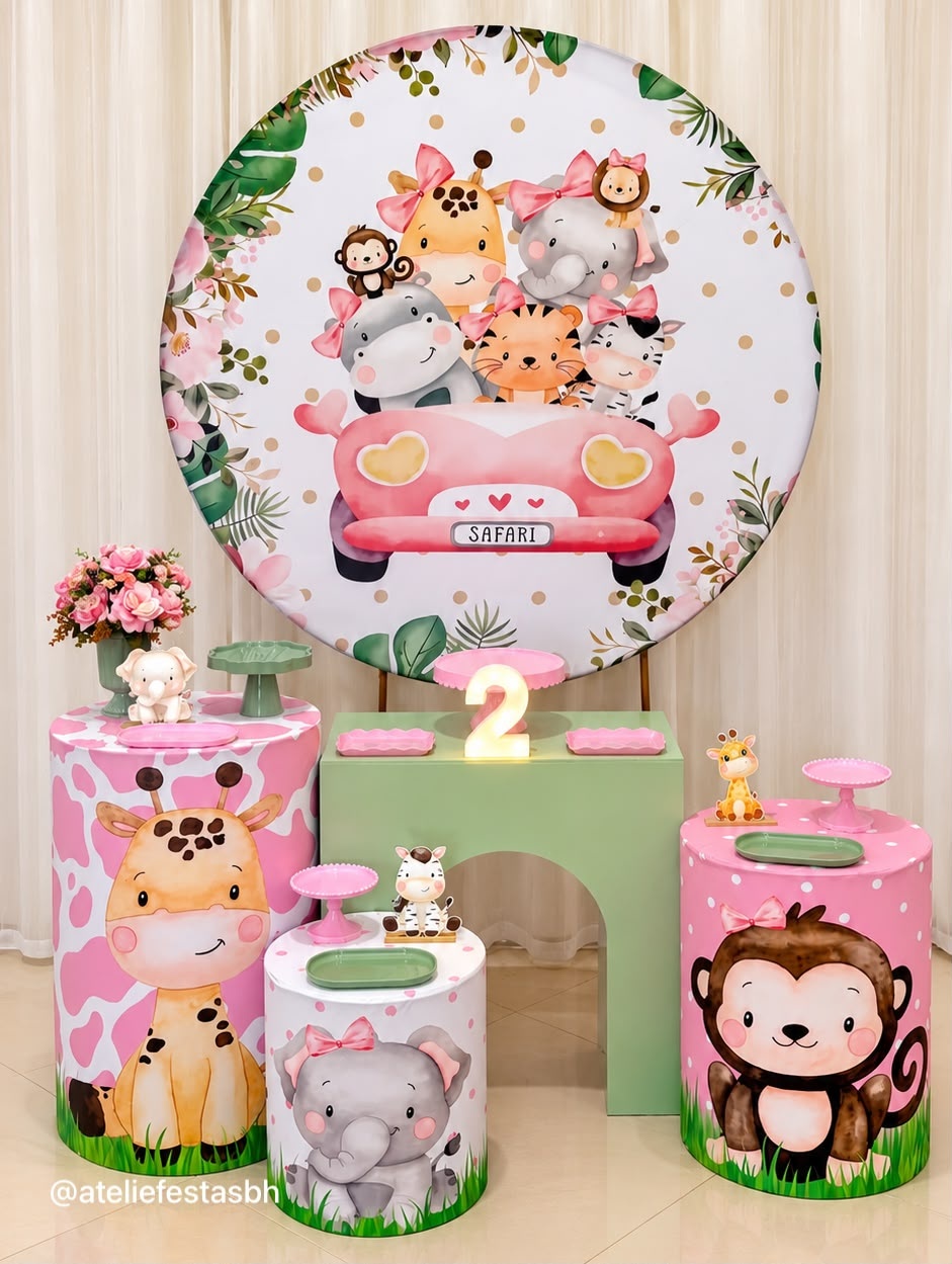 Kit Bronze Safari Rosa Com Mesa Orgânica Verde - Ateliê Festas