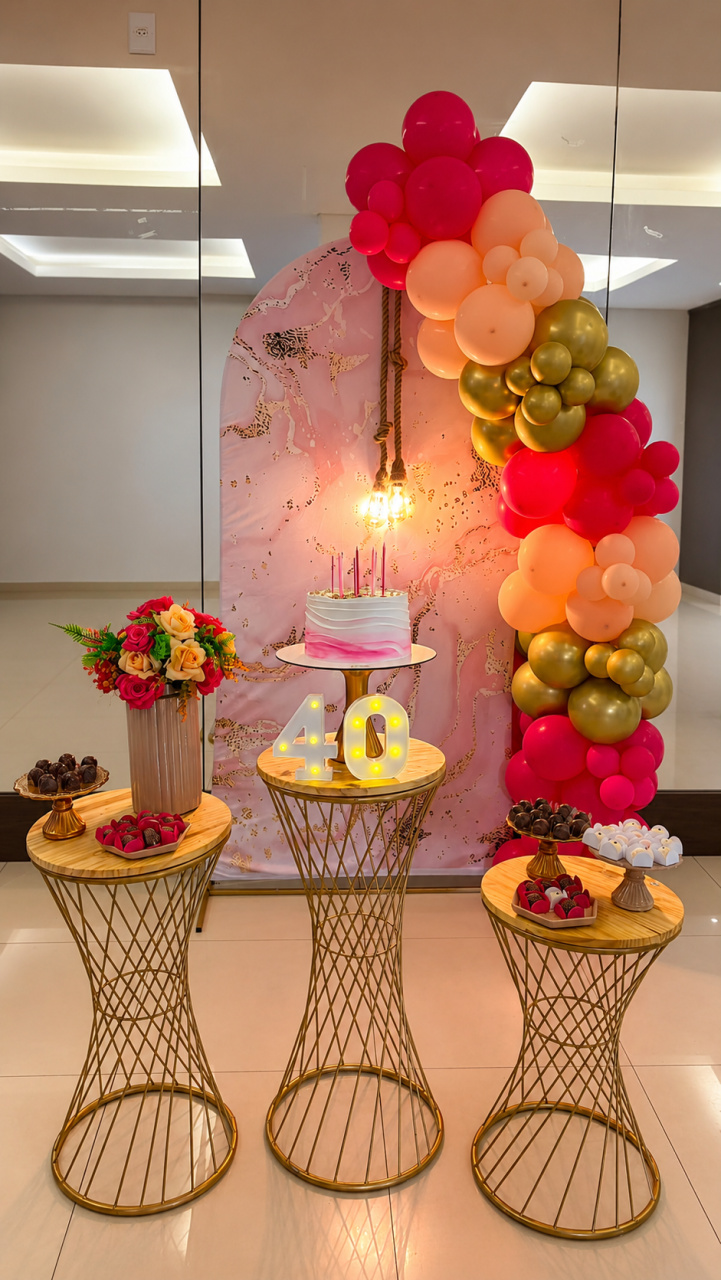 Kit Rosa E Dourado Marmorizado Com Mesas Redondas - Ateliê Festas