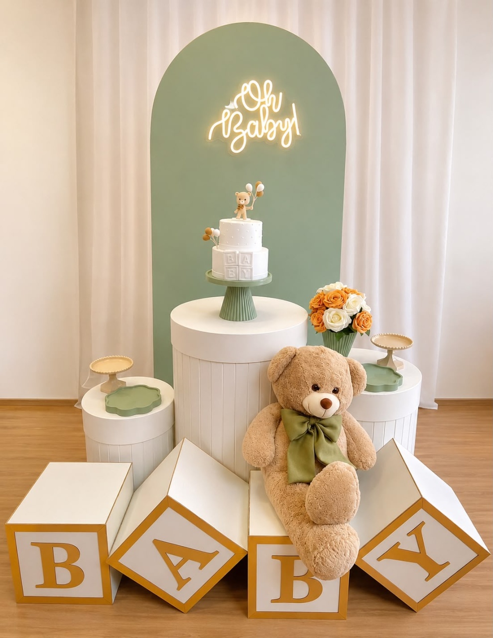 Kit Chá de Bebê Verde Com Cilindros Ripados 2D - Ateliê Festas