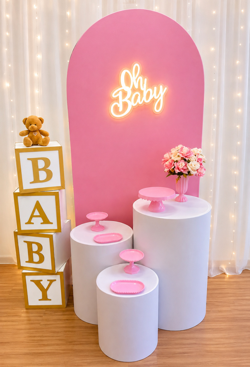 Chá de Bebê Básico Rosa Candy Com Led - Ateliê Festas