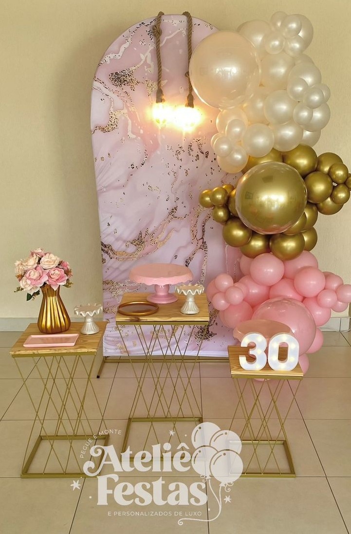 Kit Rosa E Dourado Com Painel Marmorizado - Ateliê Festas