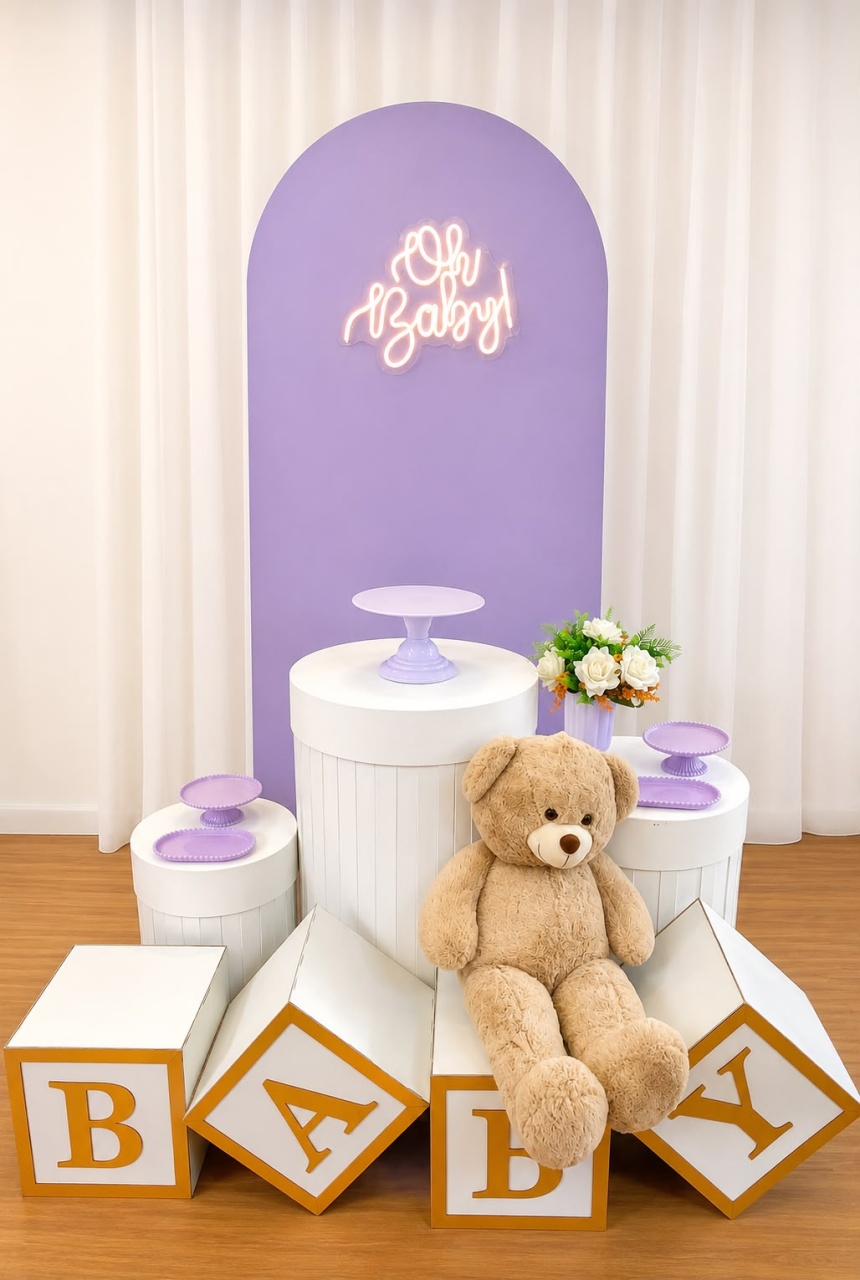 Kit Chá de Bebê Lilás Com Cilindros Ripados 2D - Ateliê Festas