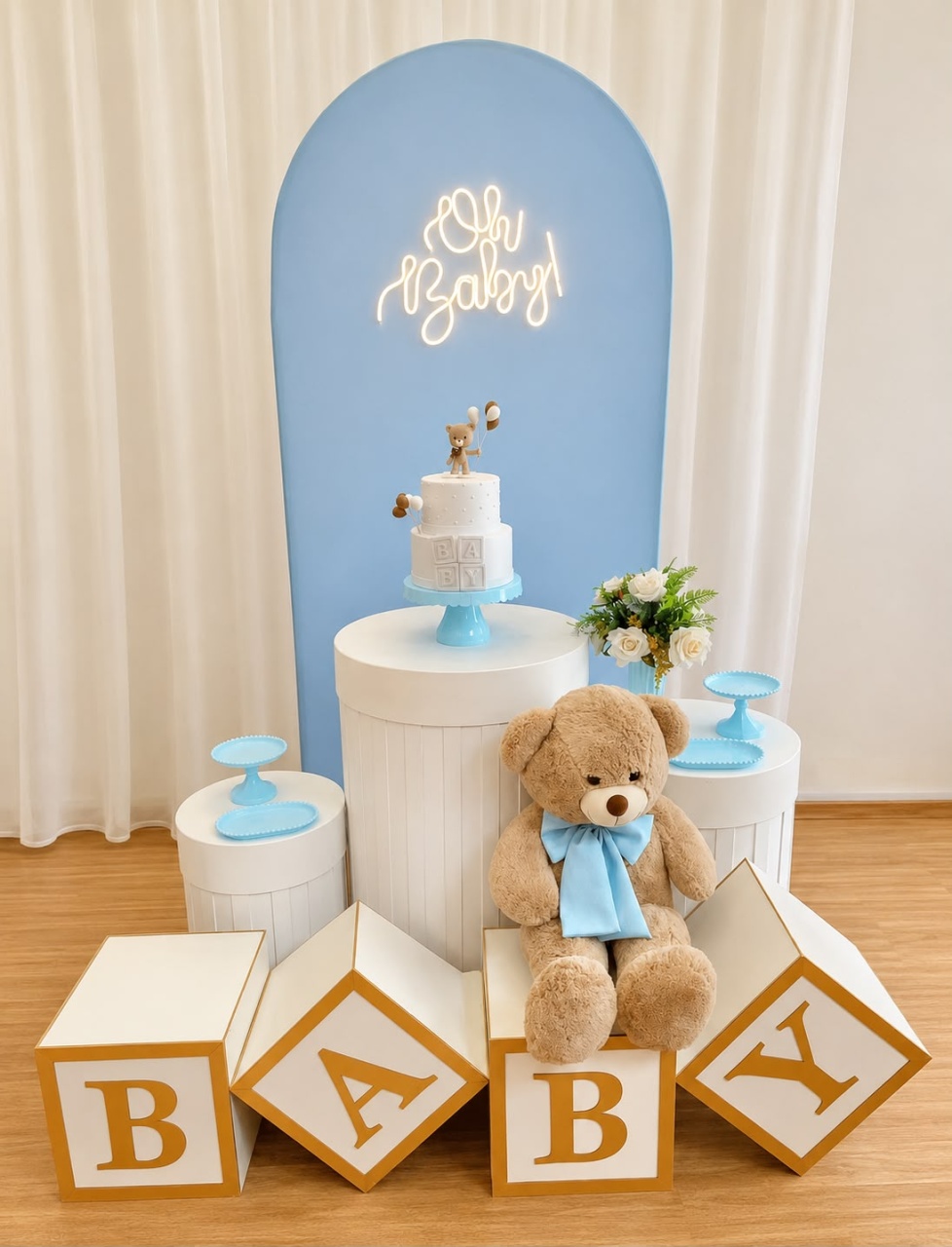 Chá de Bebê Azul Com Cilindros Ripados 2D - Ateliê Festas