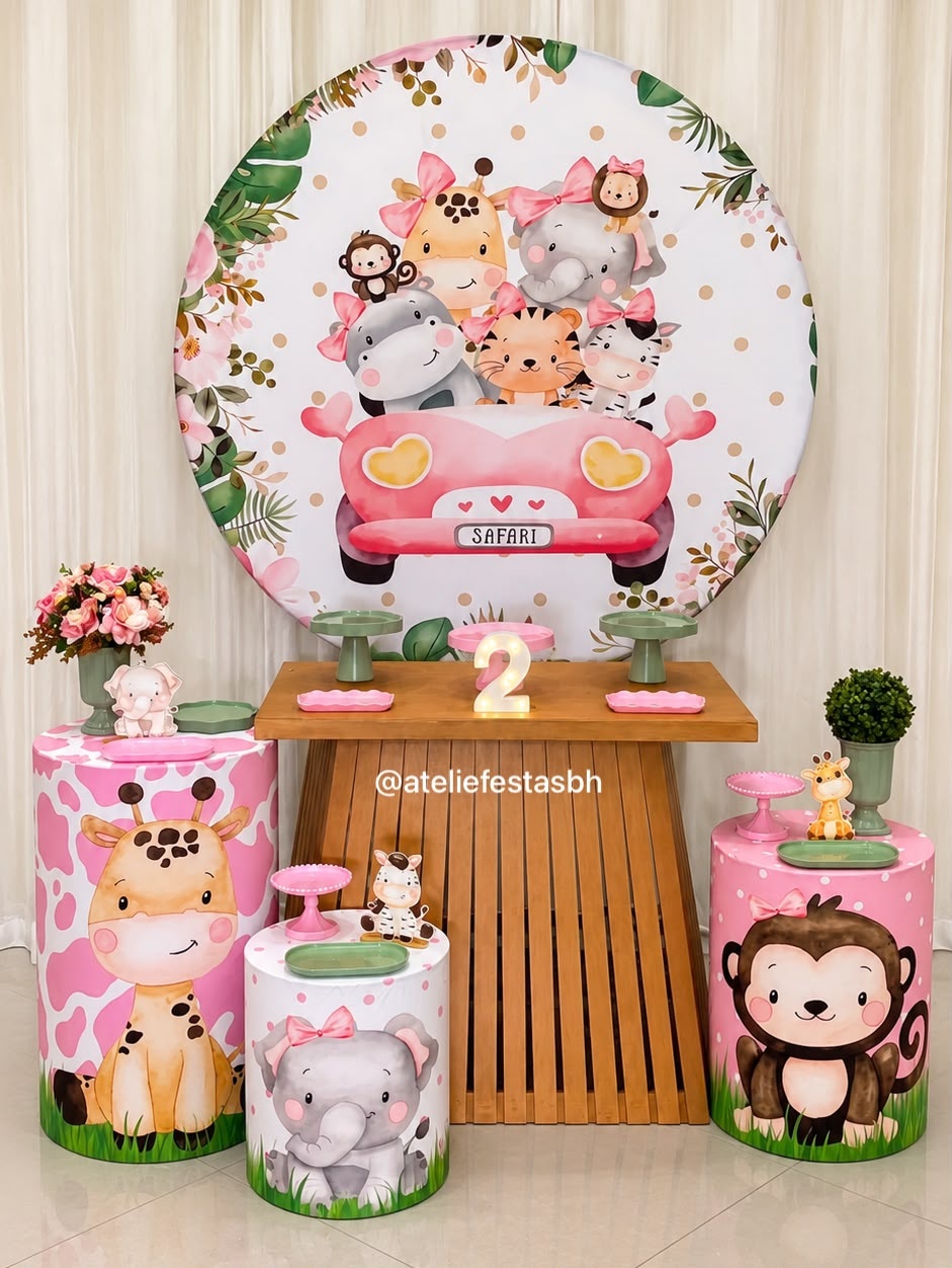 Kit Bronze Safari Rosa Com Mesa Rústica Grande - Ateliê Festas