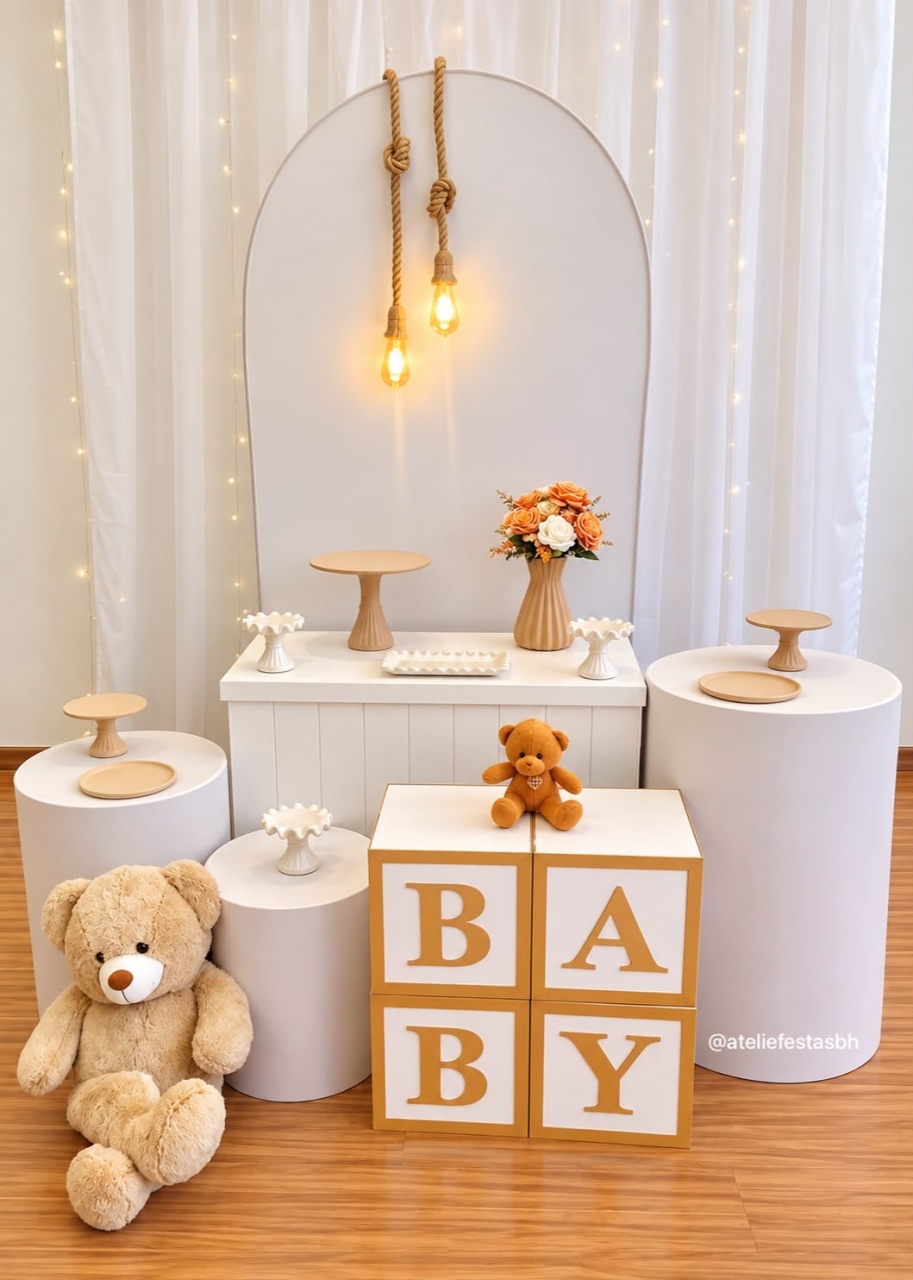 Kit Bronze Chá Revelação Branco E Bege - Ateliê Festas