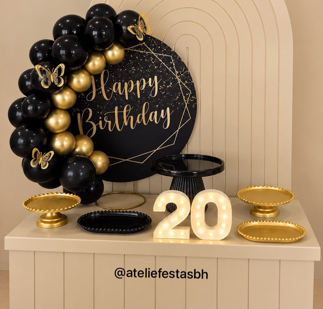 Mini Kit Festa Na Mesa Happy Birthday Dourado E Preto - Ateliê Festas
