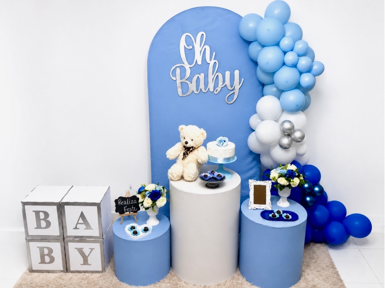 Kit Festa Chá de Bebê Oh Baby Azul Bebê Com Prata - Realiza Festa