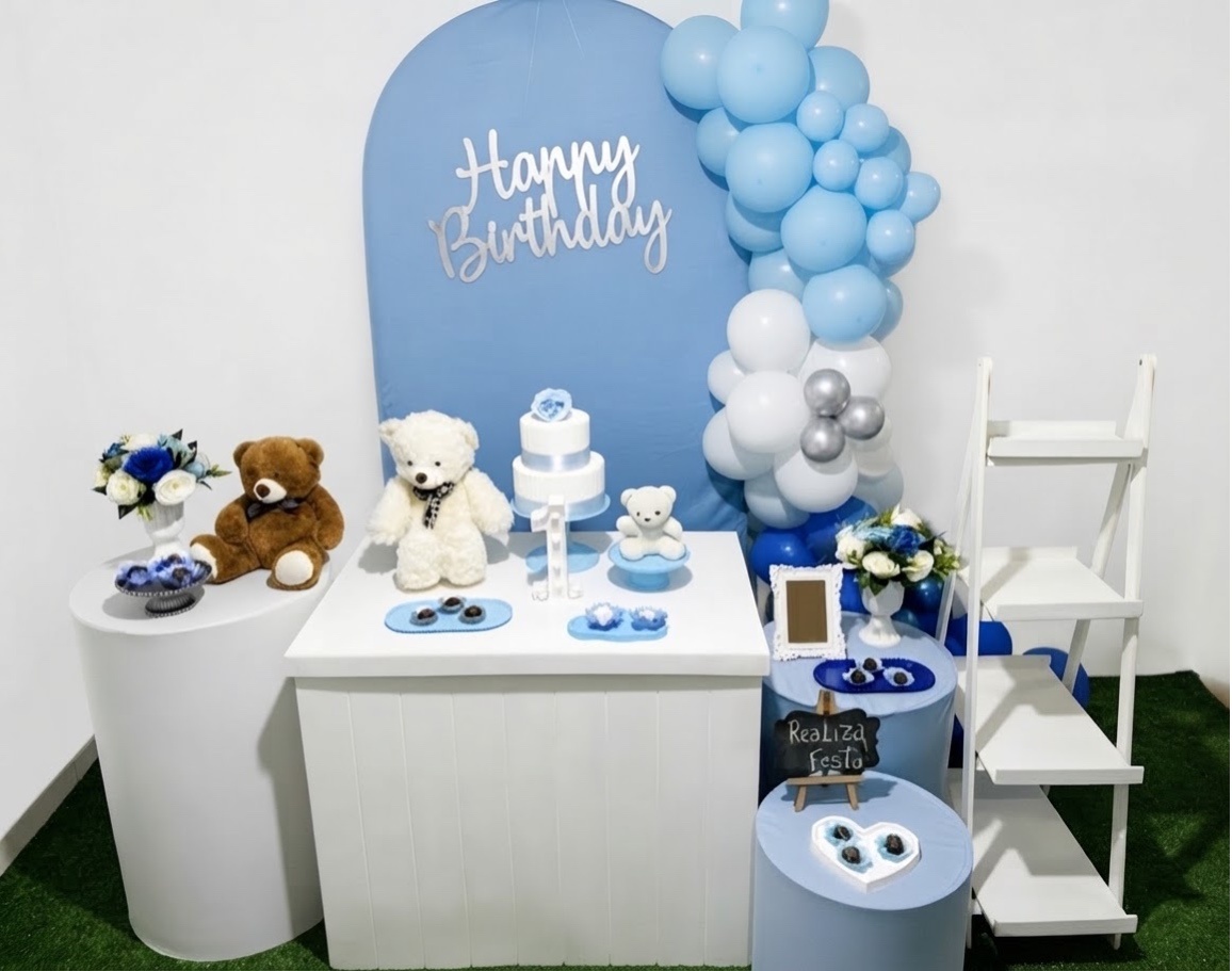 Kit Luxo Infantil Masculino Happy Birthday Azul Com Prata - Realiza Festa