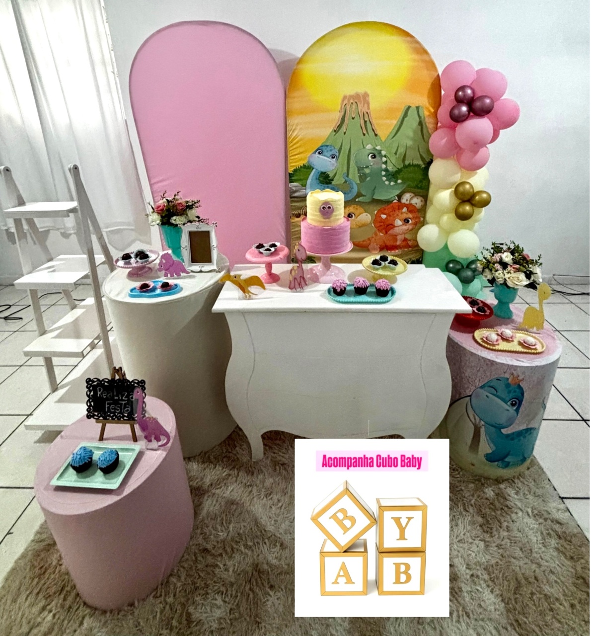 Kit Premium Chá de Bebê Dino Baby Menina Romano - Realiza Festa