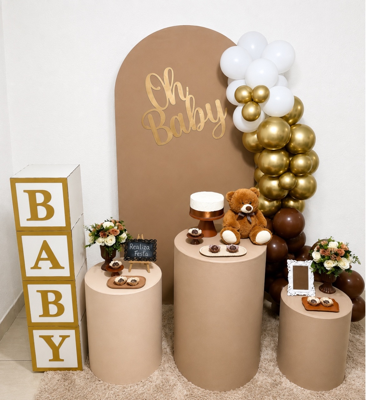 Kit Festa Chá de Bebê / Chá Revelação Marrom Claro/ Mocaccino - Realiza Festa