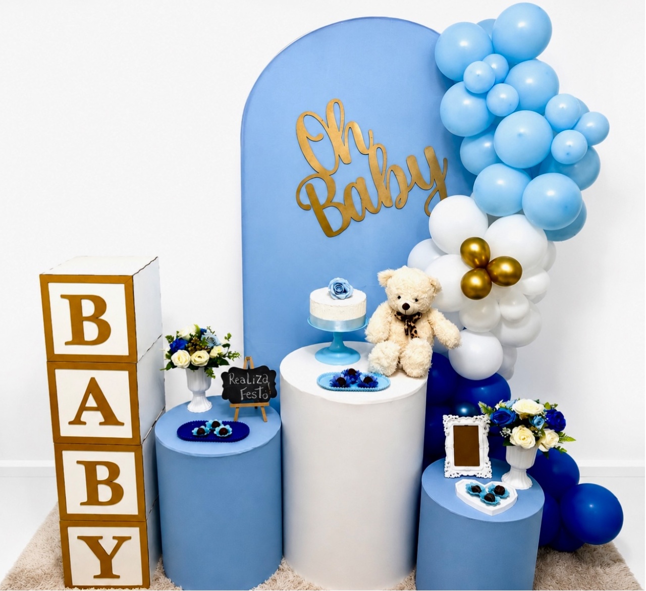 Kit Festa Chá de Bebê Azul Bebê Com Dourado - Realiza Festa