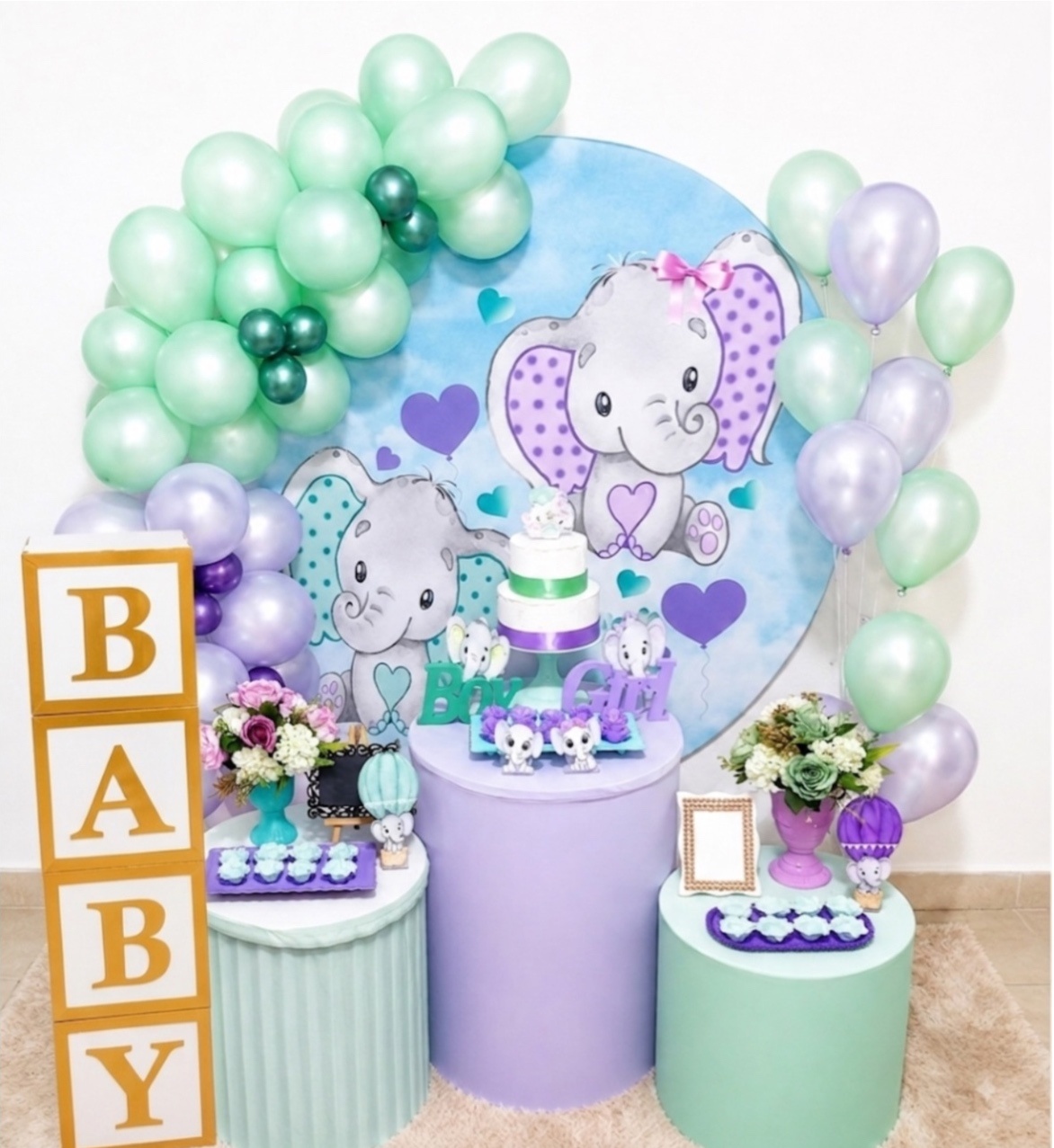 Kit Festa - Chá Revelação Elefantes Verde E Lilás - Realiza Festa