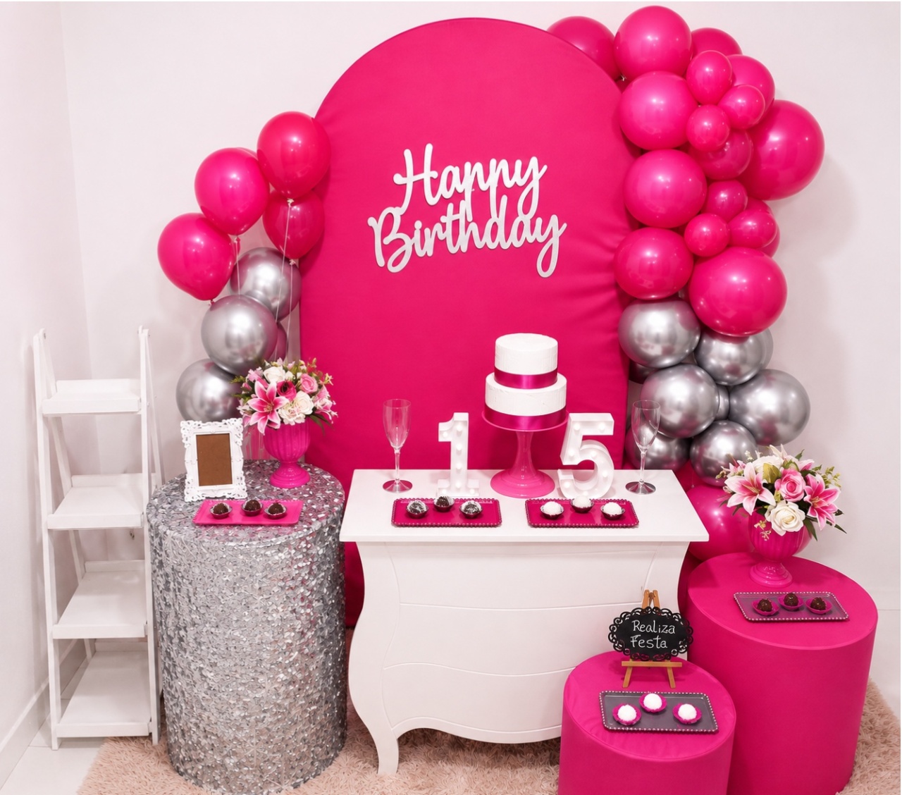 Kit Luxo 15 Anos Prata Com Pink - Realiza Festa