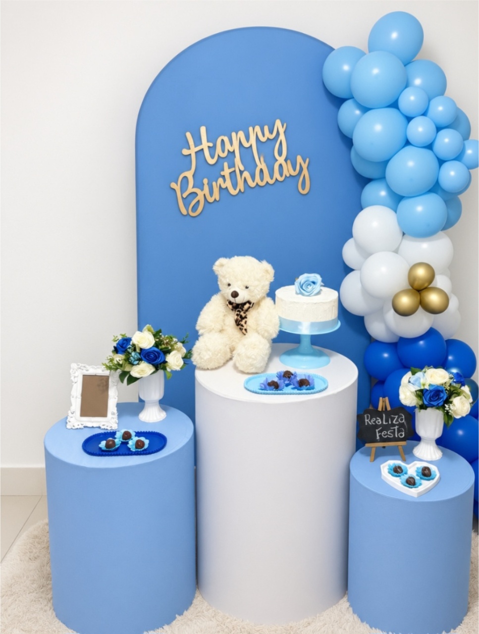 Kit Festa - Infantil Menino Happy Birthday Azul Com Dourado - Realiza Festa