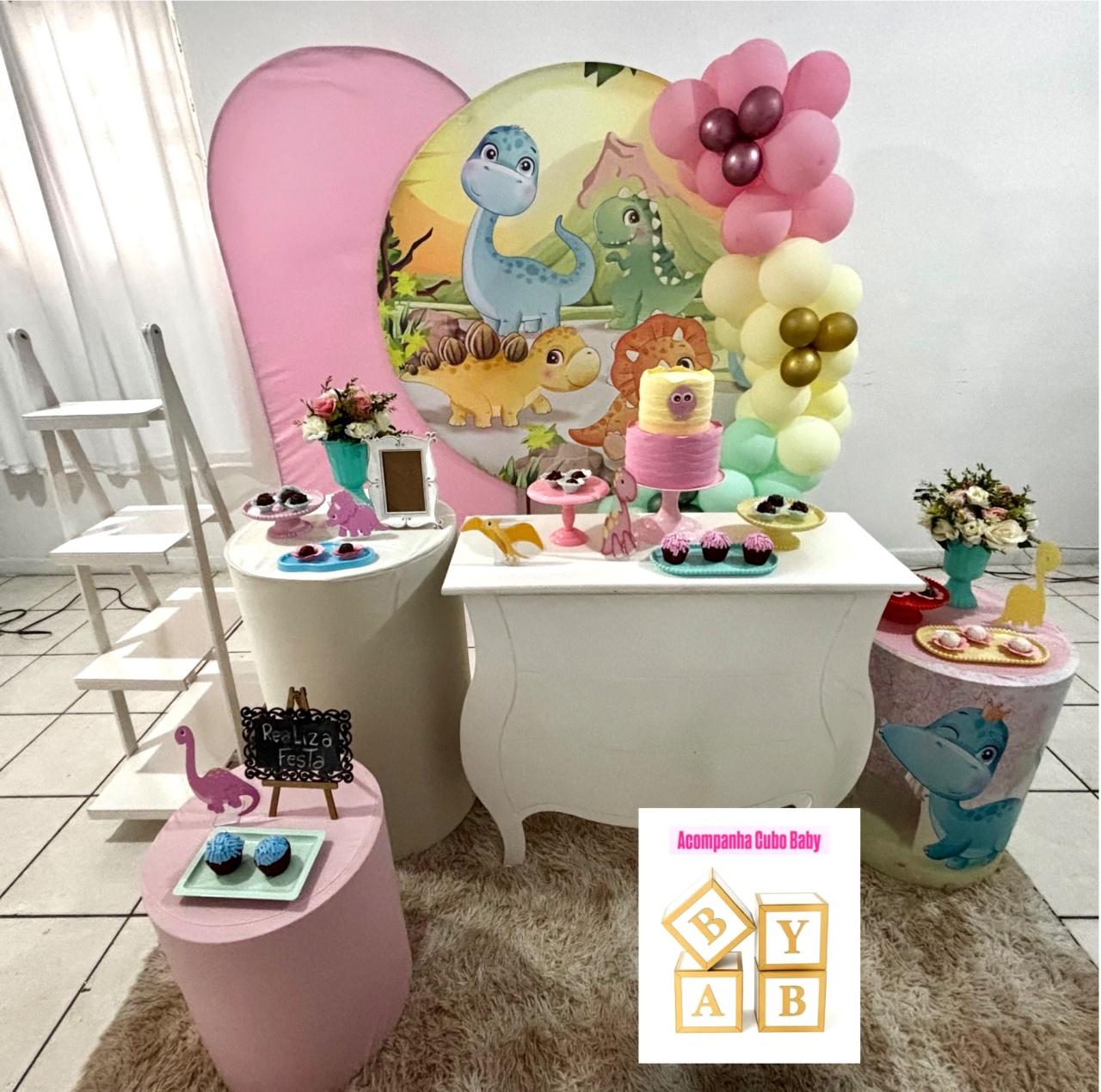 Kit Premium Chá de Bebê Dino Baby Menina - Realiza Festa