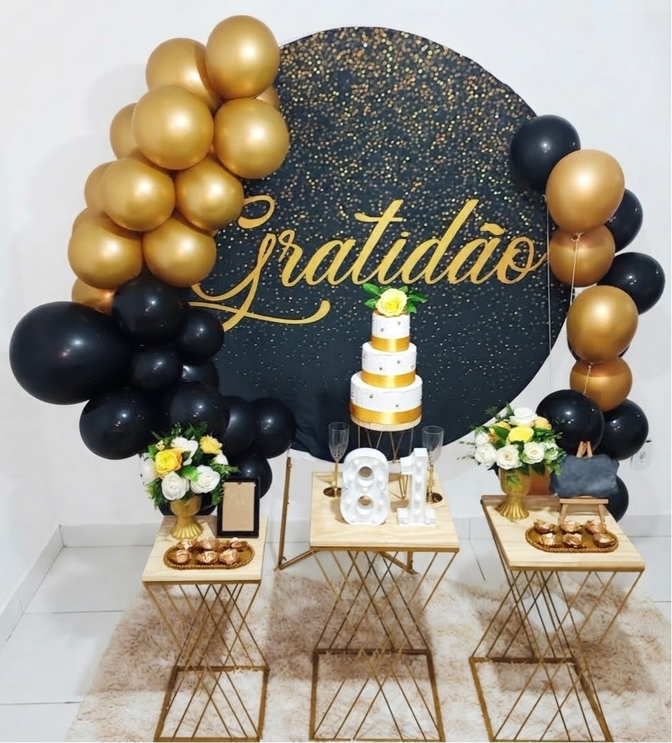 Kit Festa Gratidão Preto Com Glitter Dourado Feminino - Realiza Festa