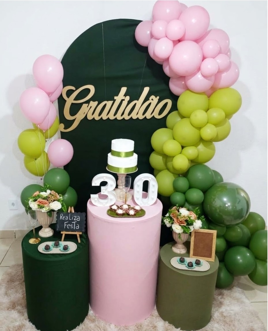 Kit Festa Adulto Gratidão Verde Oliva Com Rosa - Realiza Festa