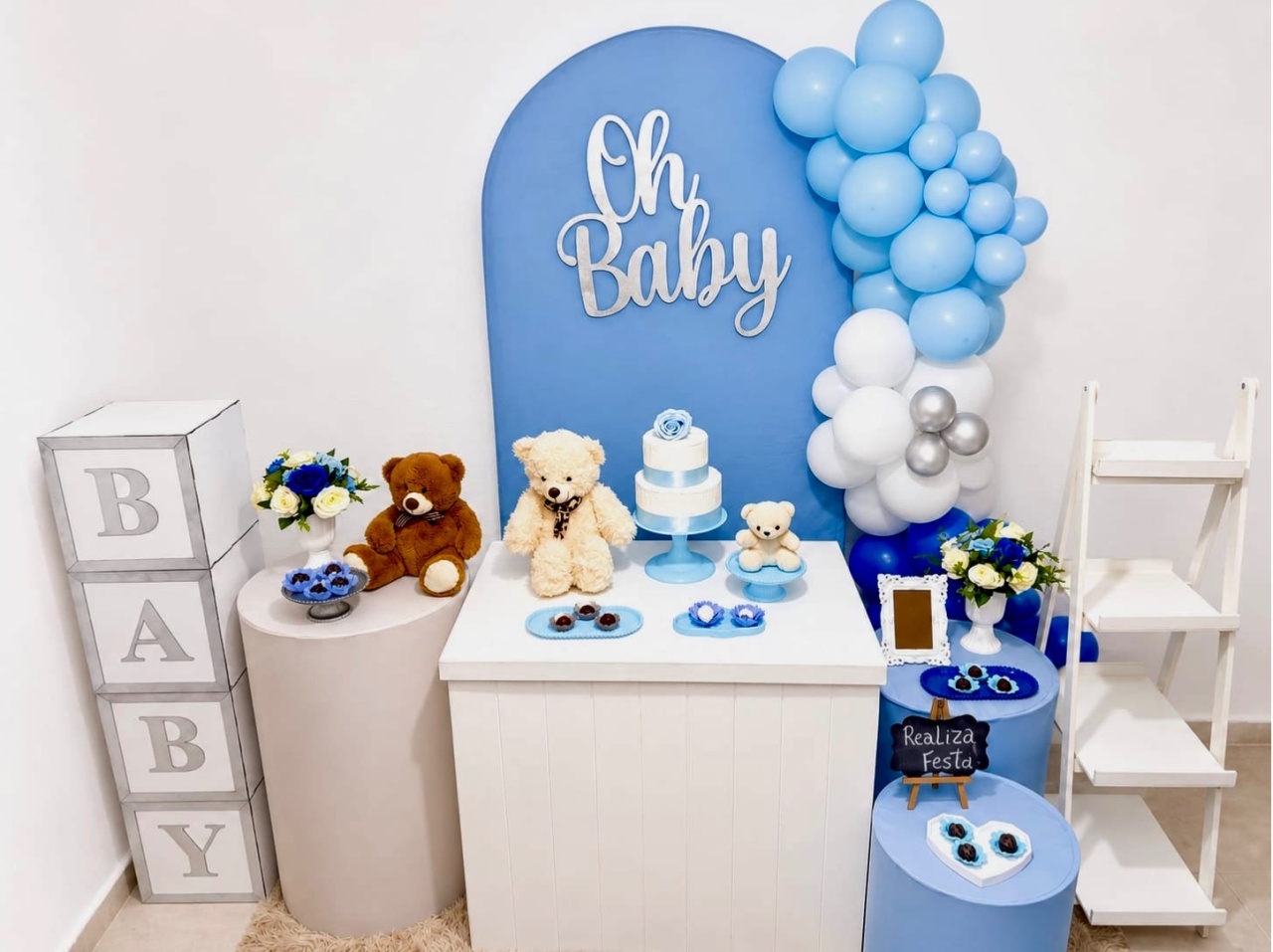 Kit Luxo Chá de Bebê Oh Baby Azul Bebê Com Prata - Realiza Festa