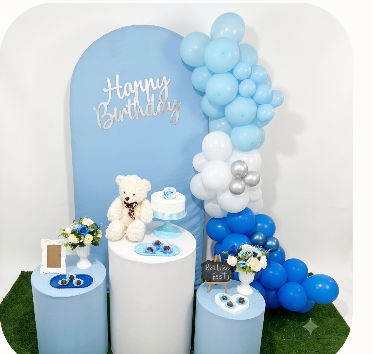 Kit Festa - Infantil Menino Happy Birthday Azul Com Prata - Realiza Festa