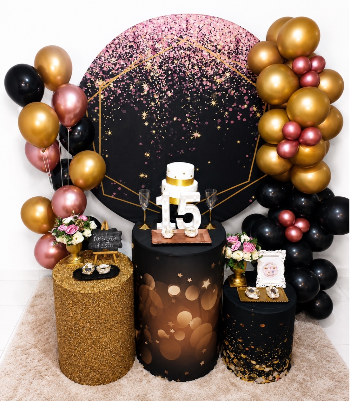 Kit Festa 15 Anos Preto Rose E Dourado - Realiza Festa