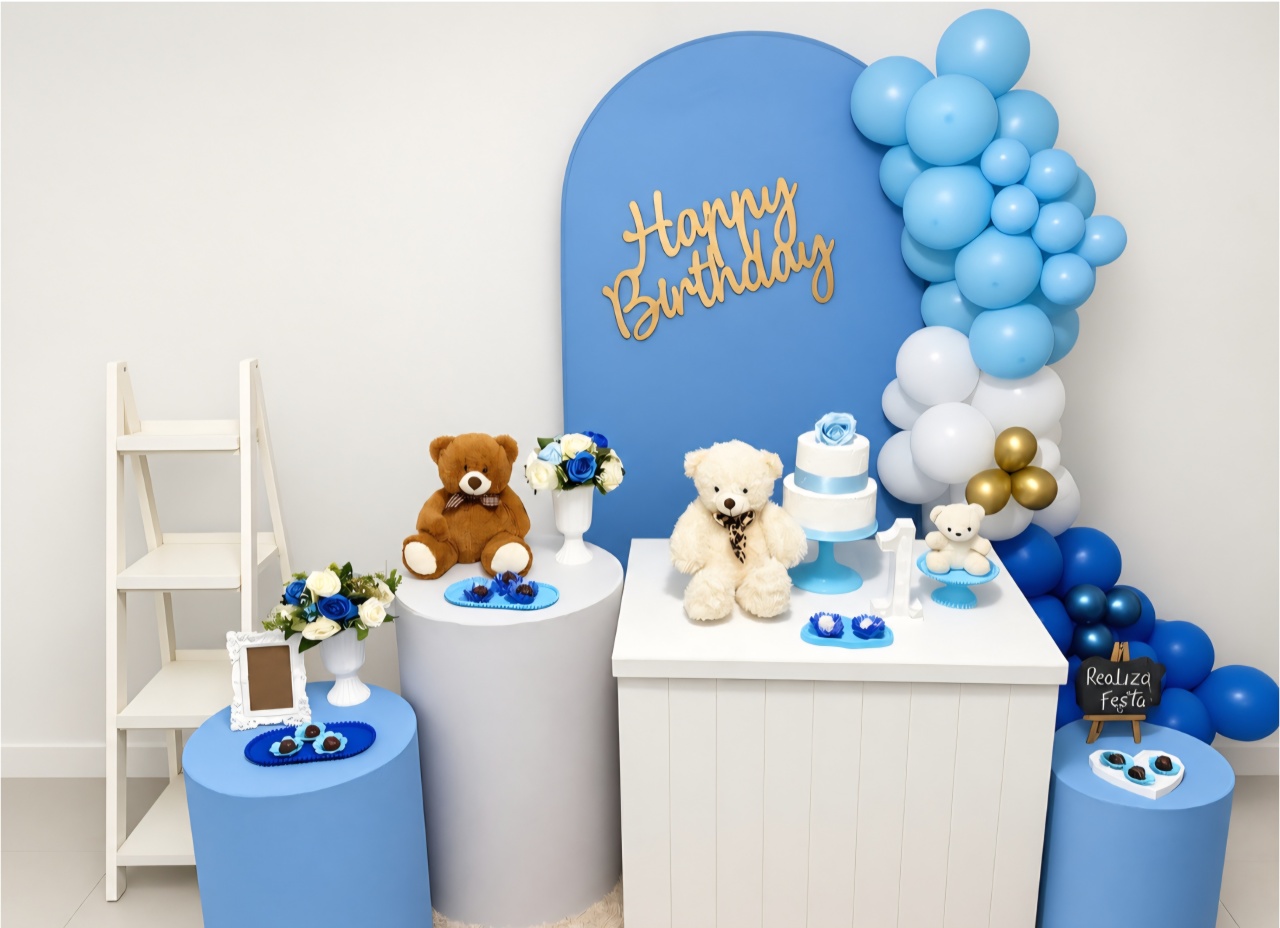 Kit Luxo Infantil Masculino Happy Birthday Azul Com Dourado - Realiza Festa