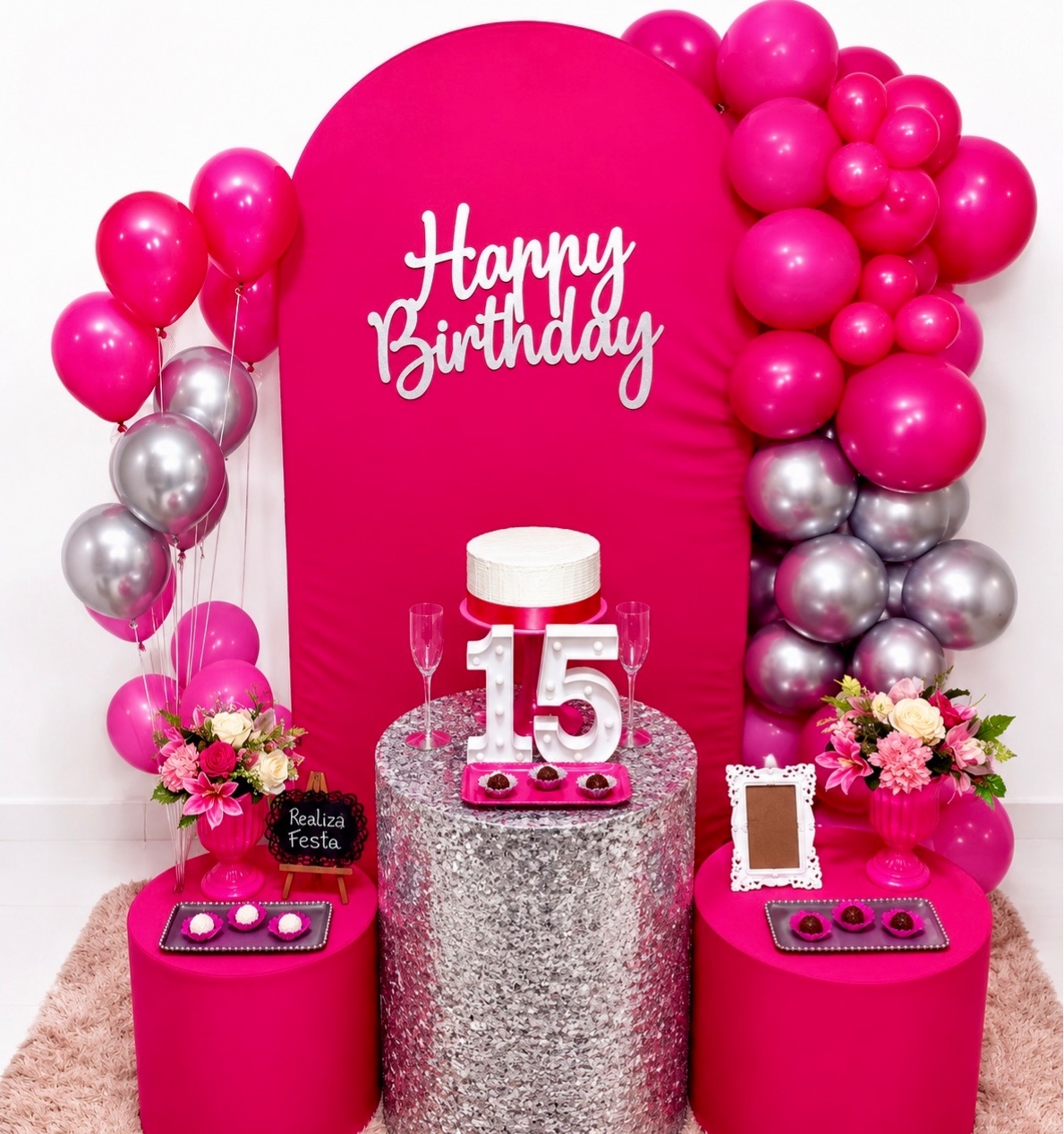 Kit Festa 15 Anos Prata Com Pink - Realiza Festa