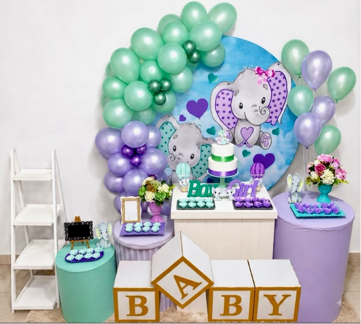 Kit Luxo - Chá Revelação Elefantes Verde E Lilás - Realiza Festa