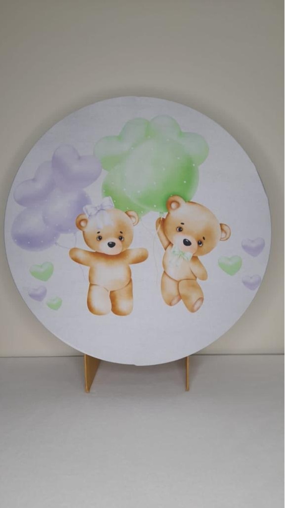 Tecido Painel Redondo 50Cm- Cha Revelação Ursos Lilas/Verde - LÊ FESTAS LOCAÇÃO DE 
