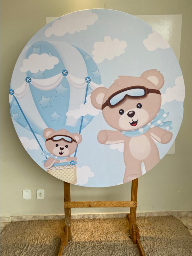 Tecido Painel Redondo 1,5M- Ursinho Baloeiro Azul - LÊ FESTAS LOCAÇÃO DE 