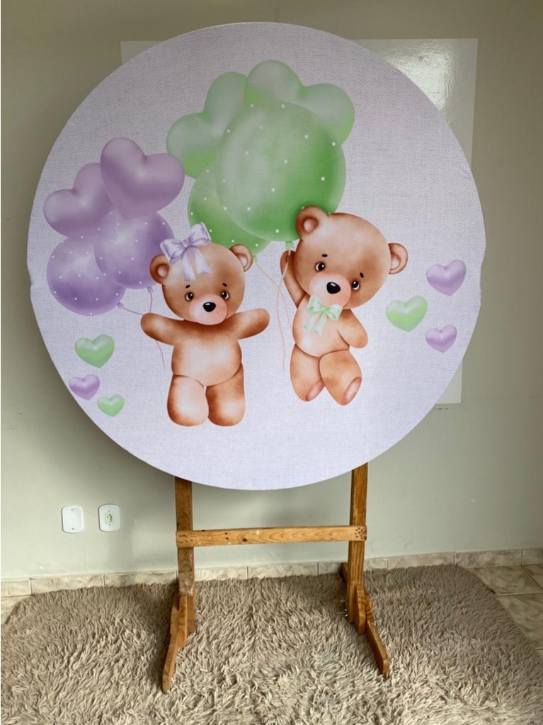 Tecido Painel Redondo 1,5M- Cha Revelação Urso Lilas/Verde - LÊ FESTAS LOCAÇÃO DE 