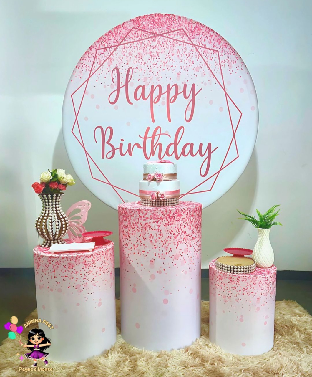 Branco Rosa Efeito Brilho Happy Birthday - Aninha Fest 