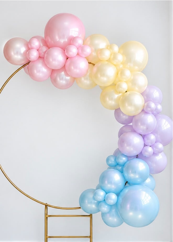 Arco de Balões (Organico Em Blocos-Cores Peroladas) 16, 9 E 5 Rosa Candy Perolado, Amarelo Candy Perolado, Lilás Candy Perolado E Azul Candy Perolado (Jardim Encantado-Unicorne) - Tamires Pegue e Monte Uberaba