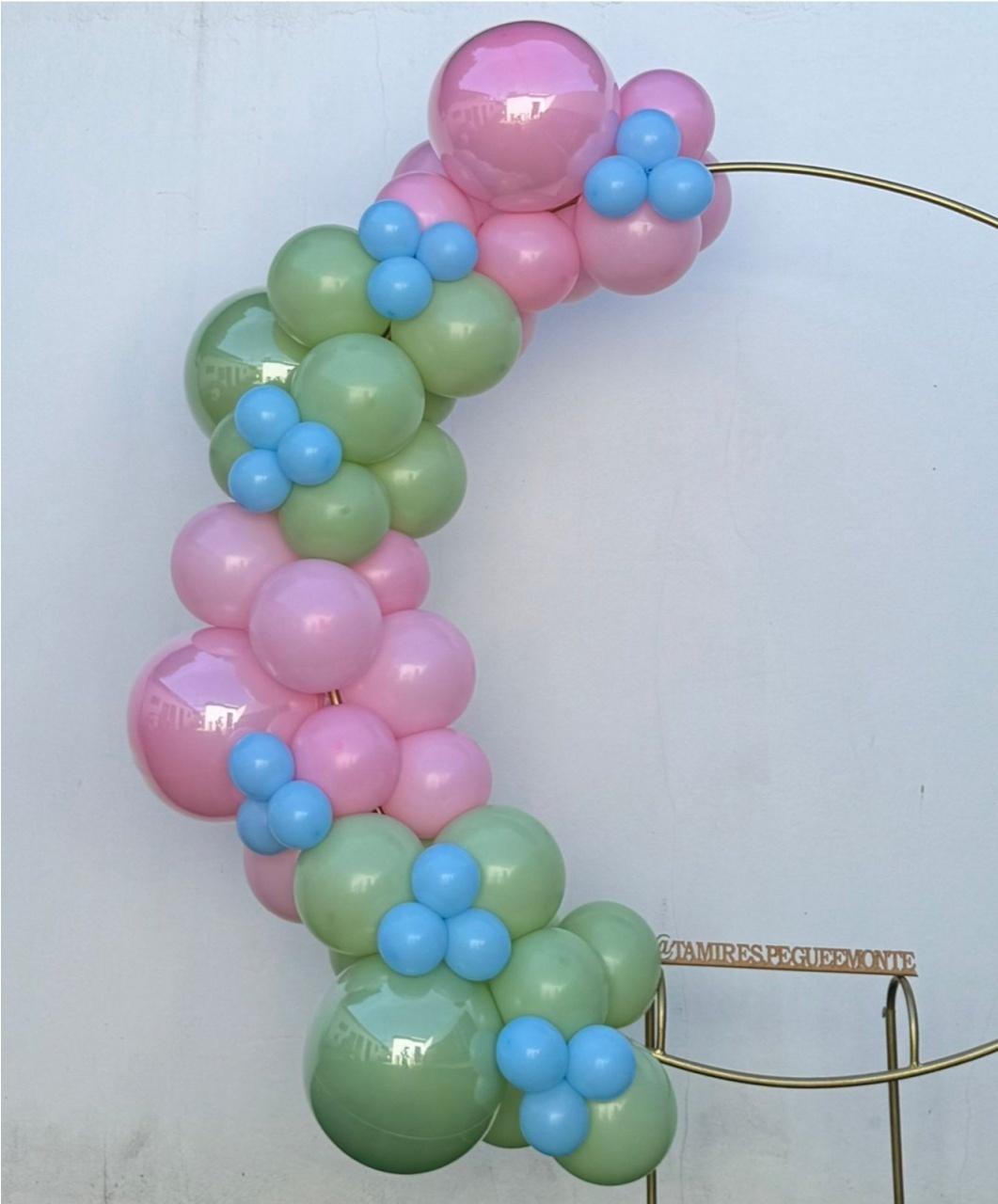 Arco de Balões (Organico Em Blocos Duplo) 16, 9 Rosa Claro E Verde Eucalipto, 5 Azul Claro - Tamires Pegue e Monte Uberaba