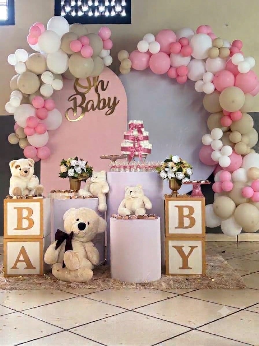 Decoração Chá de Bebê Painel Duplo Rosa/Branco - Bel Decora Pegue e Monte